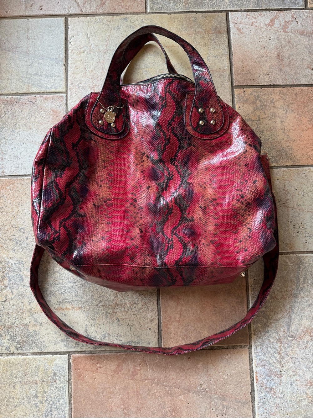 Big Buddha Red Snakeskin Tote Duffle Bag with Handles &!Removable Shoulder Strap